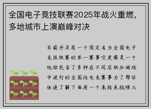 全国电子竞技联赛2025年战火重燃，多地城市上演巅峰对决 